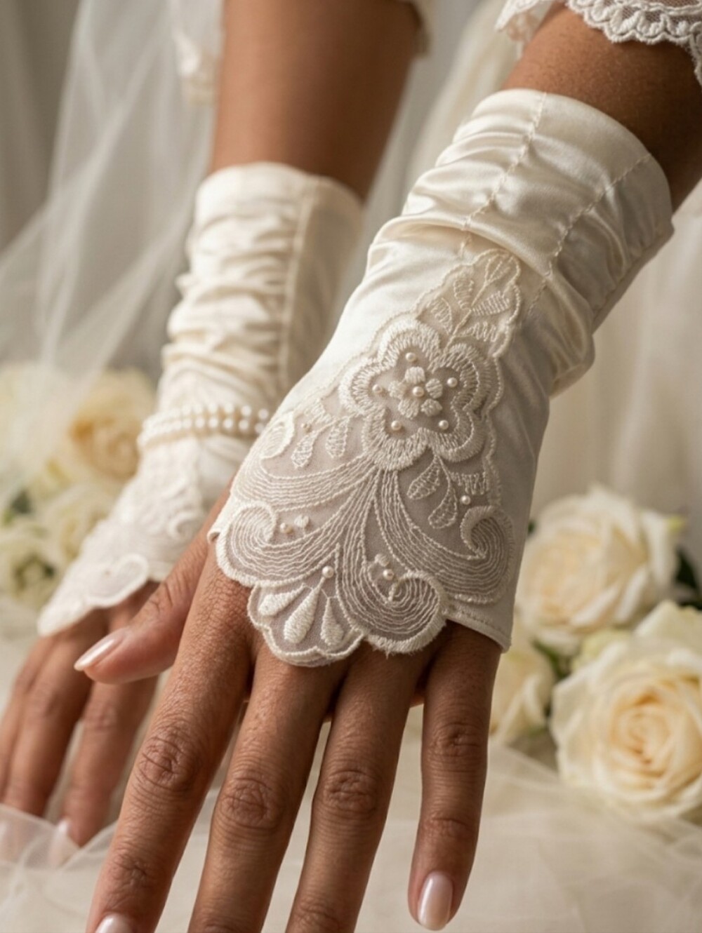 Vintage Ivory Satin Fingerless Gloves Pearl Lace Gauntlets, OS